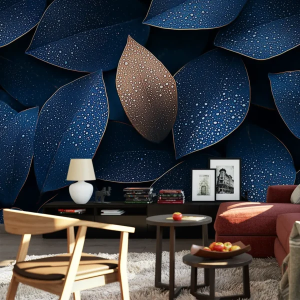 Royal Plume Dark Blue Wallpaper Mural. A close-up view of a dark blue wallpaper with large leaves and metallic gold accents.