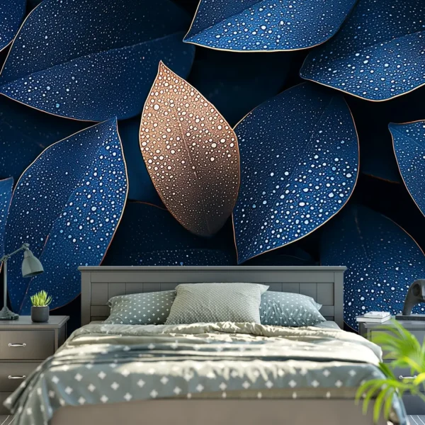 Royal Plume Dark Blue Wallpaper Mural. A close-up view of a dark blue wallpaper with large leaves and metallic gold accents.
