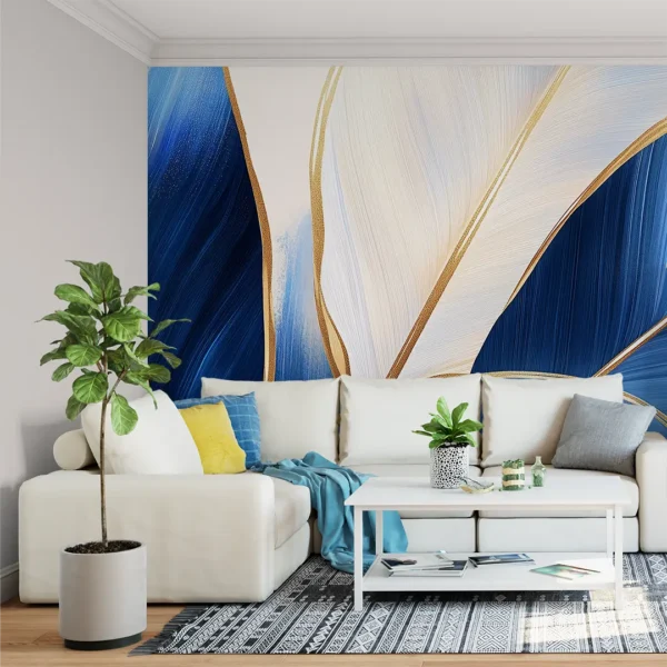 Azure Radiance. A modern, artistic wall mural with abstract blue and gold leaves on a white background.