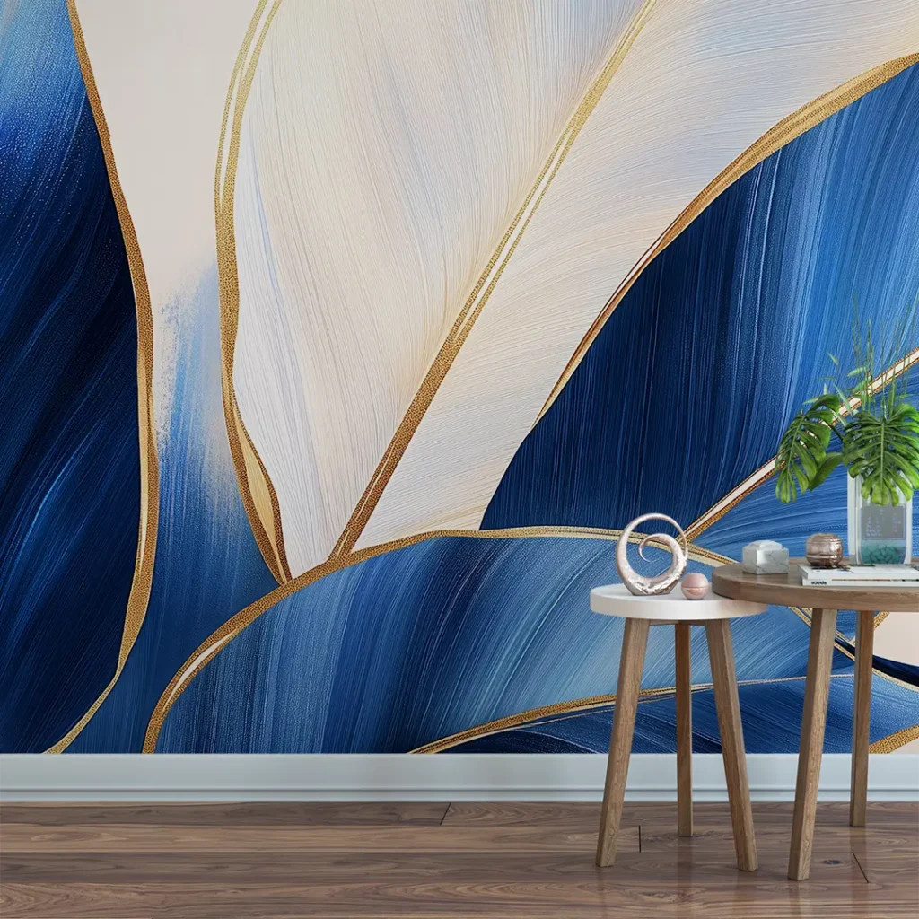 Azure Radiance. A modern, artistic wall mural with abstract blue and gold leaves on a white background.