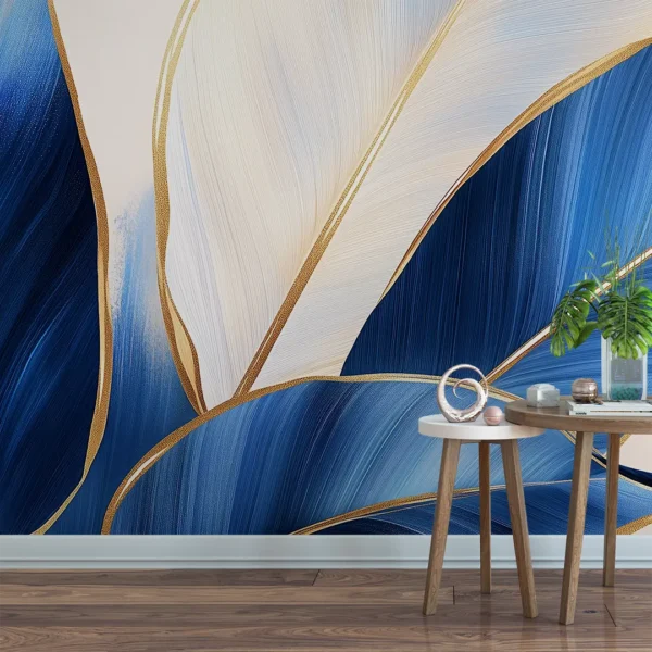 Azure Radiance. A modern, artistic wall mural with abstract blue and gold leaves on a white background.
