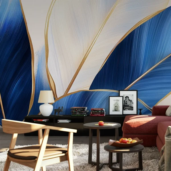 Azure Radiance. A modern, artistic wall mural with abstract blue and gold leaves on a white background.