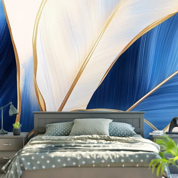 Azure Radiance. A modern, artistic wall mural with abstract blue and gold leaves on a white background.