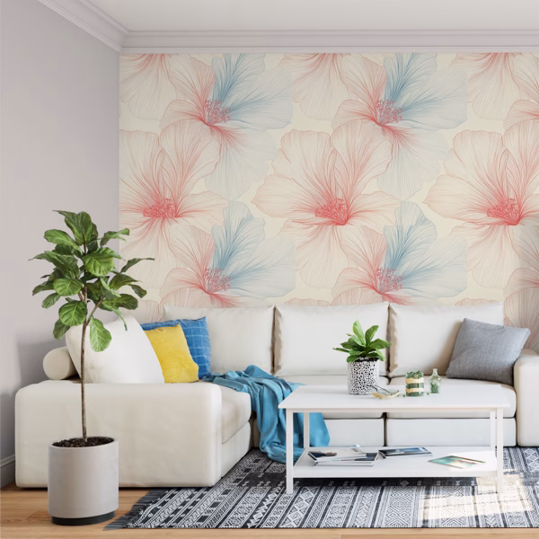 Oversized hibiscus floral mural in blush pink and sky blue for feature walls.