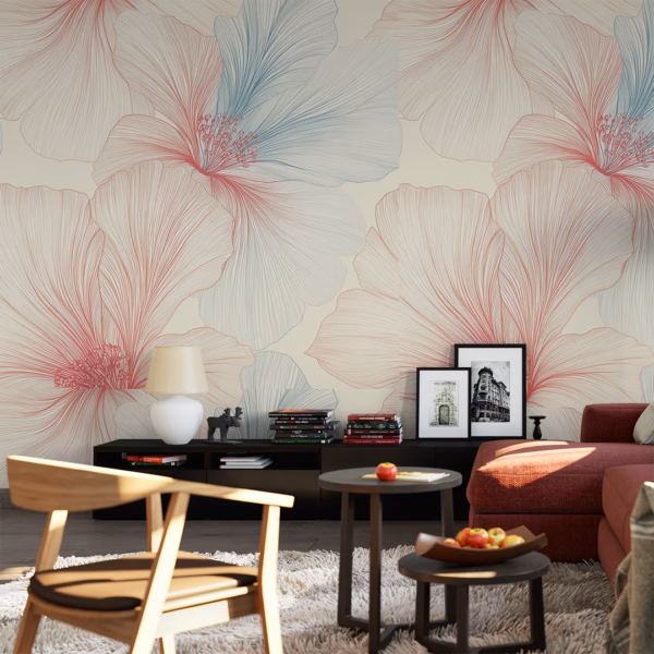 Modern botanical hibiscus wallpaper with delicate line drawing flowers