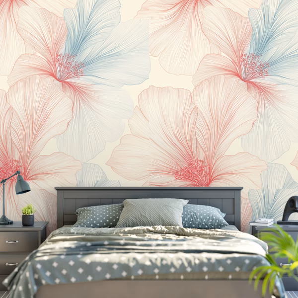 Blush and blue hibiscus line art floral wallpaper on cream background