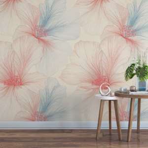 Blush and blue hibiscus line art floral wallpaper on cream background.