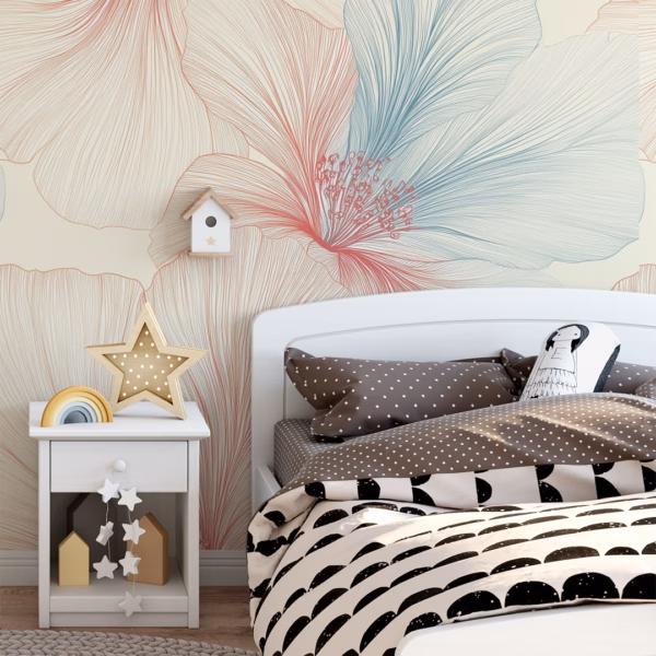 Blush and blue hibiscus line art floral wallpaper on cream background