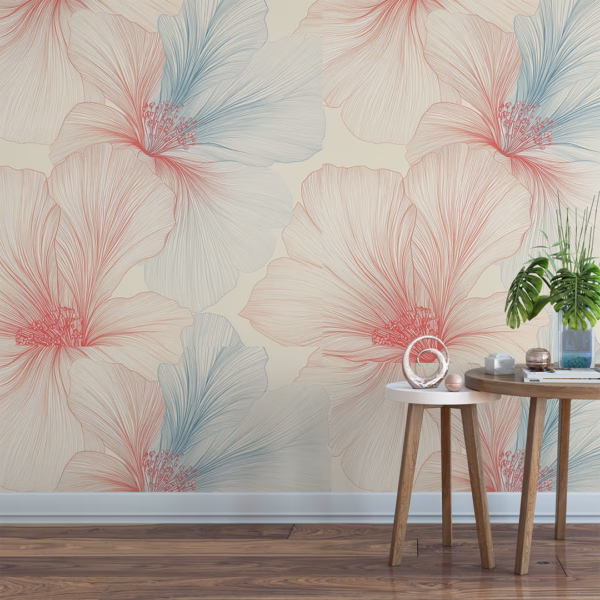 Blush and blue hibiscus line art floral wallpaper on cream background.