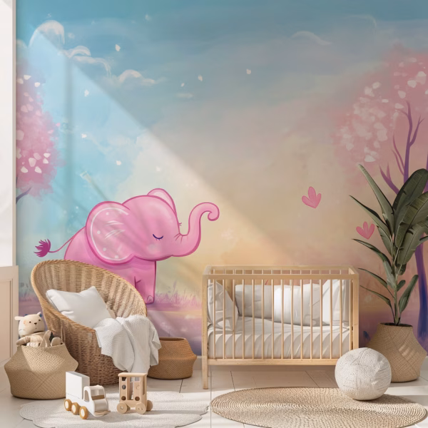 Cute pastel baby elephant wallpaper mural for kids nursery feature wall.