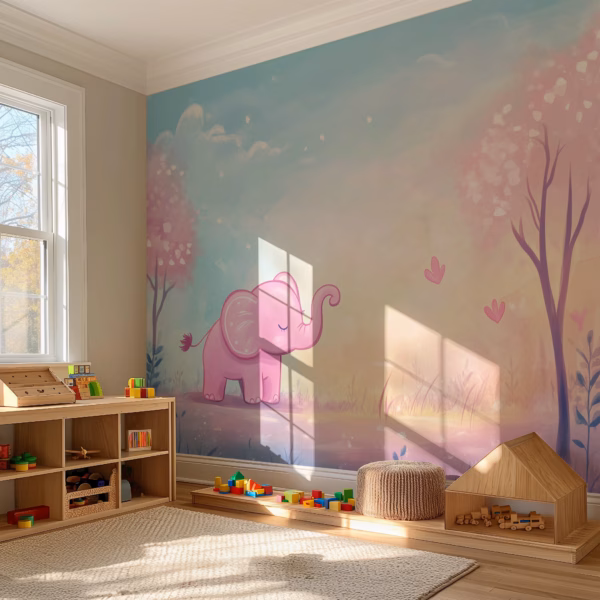 Whimsical pink elephant and heart nursery mural for baby and toddler rooms.