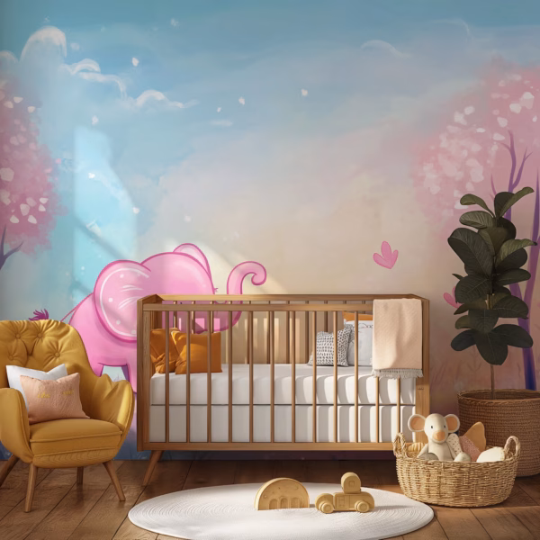 Cute pastel baby elephant wallpaper mural for kids nursery feature wall.