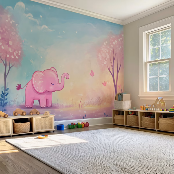 Whimsical pink elephant and heart nursery mural for baby and toddler rooms.