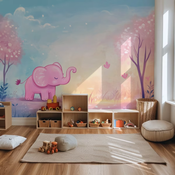 Cute pastel baby elephant wallpaper mural for kids nursery feature wall.