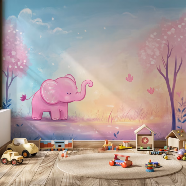 Pink elephant nursery wall mural in soft pastel colors with dreamy landscape.