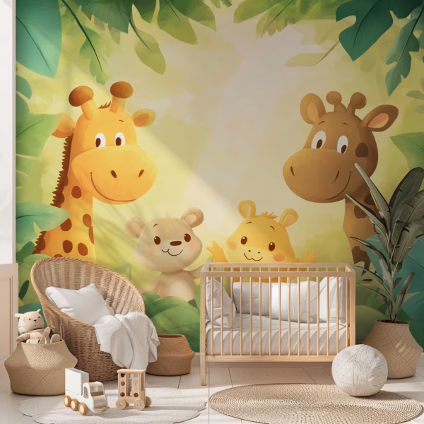 Jungle friends nursery wall mural with cute giraffes and baby animals