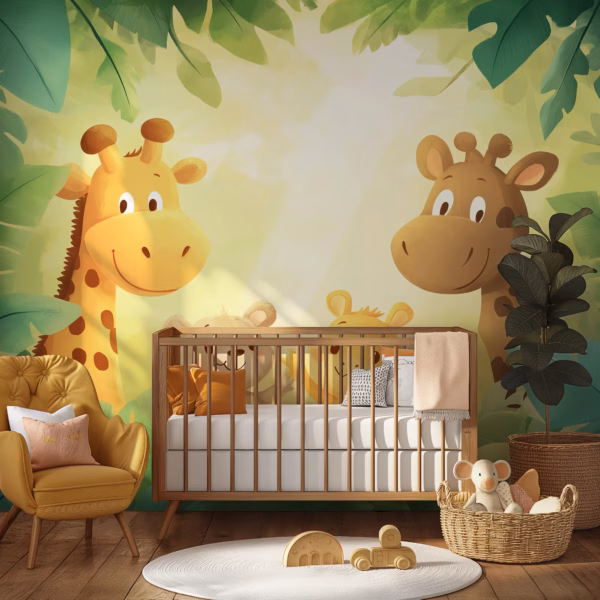 Jungle friends nursery wall mural with cute giraffes and baby animals
