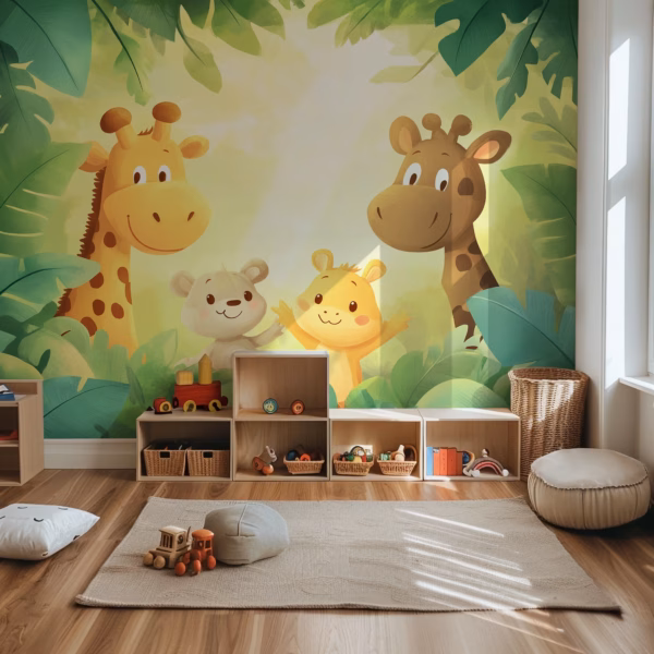 Soft green jungle nursery mural with smiling cartoon animals