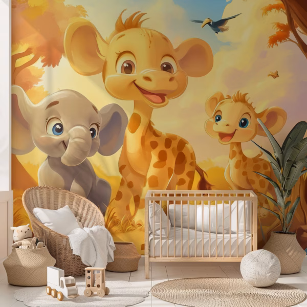 Safari nursery wall mural with baby giraffes and elephant in sunny savannah.