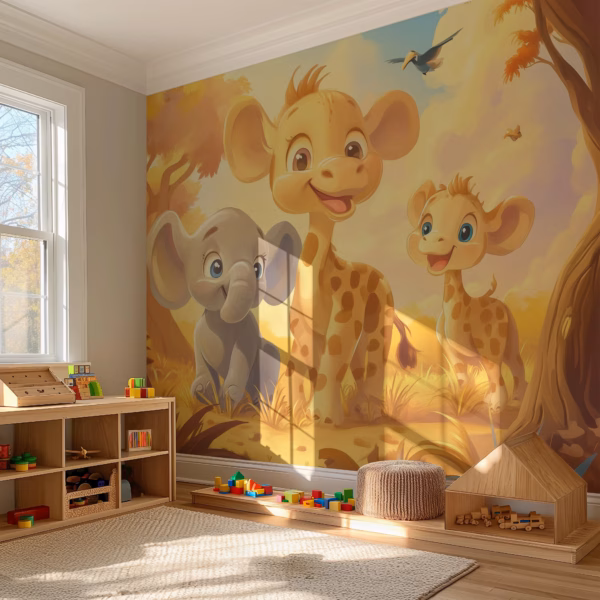 Cute jungle friends kids wallpaper featuring giraffe and elephant for nursery.