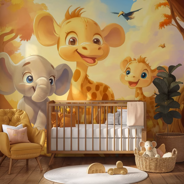 Safari nursery wall mural with baby giraffes and elephant in sunny savannah.