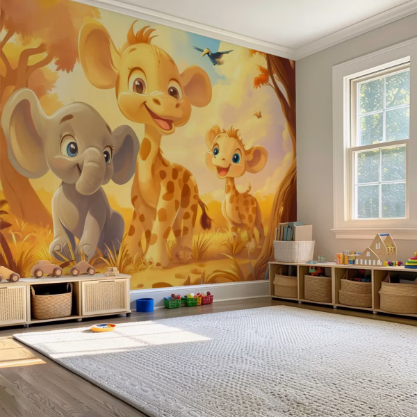 Cute jungle friends kids wallpaper featuring giraffe and elephant for nursery.