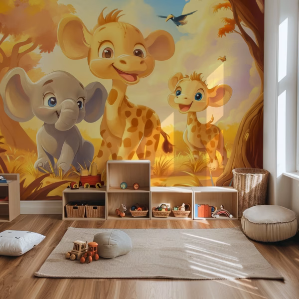 Baby animal safari wall mural for nursery and playroom with warm yellow tones.