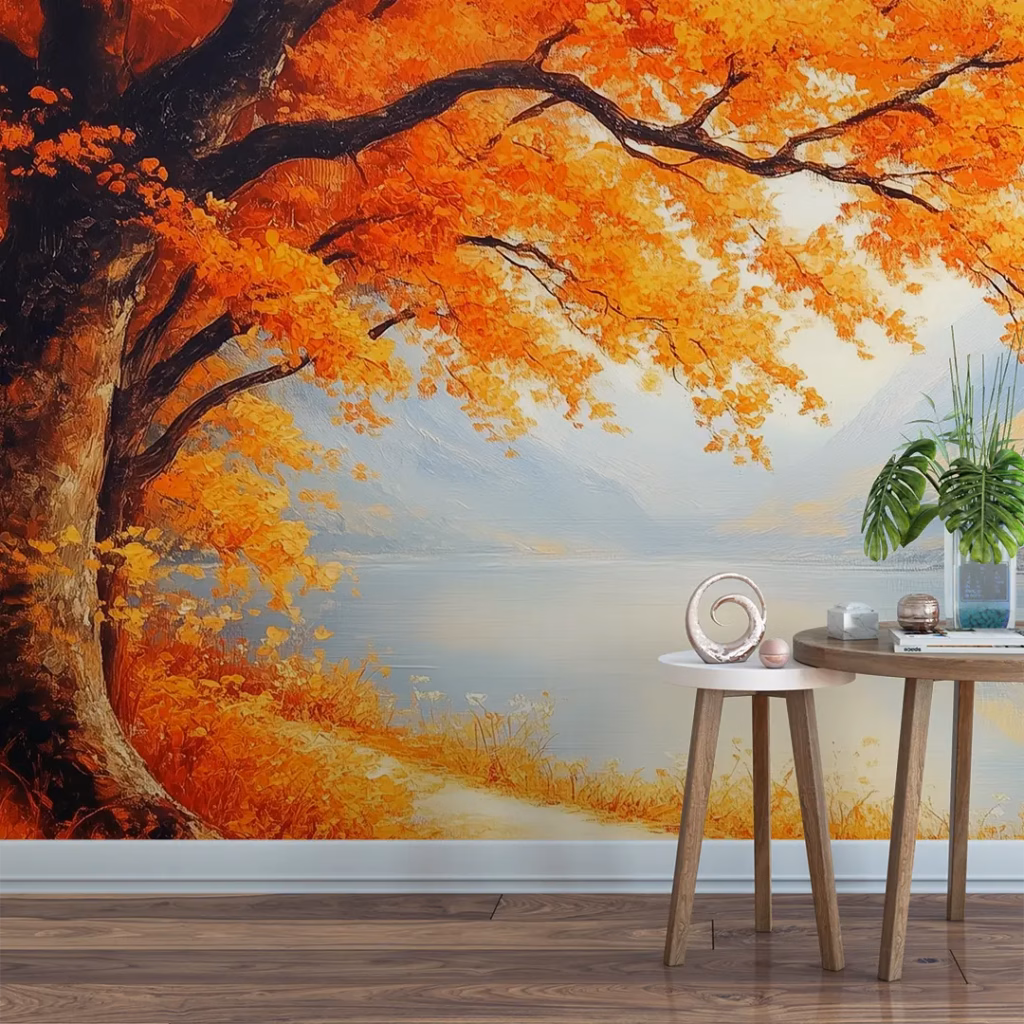 Autumn lakeside path wall mural with golden orange tree and tranquil blue lake.
