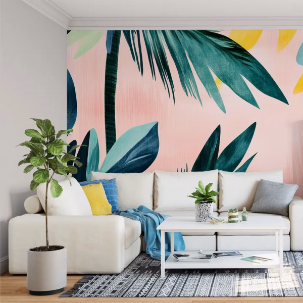 Tropical palm leaf wallpaper mural with green leaves on blush pink and yellow sunset background.