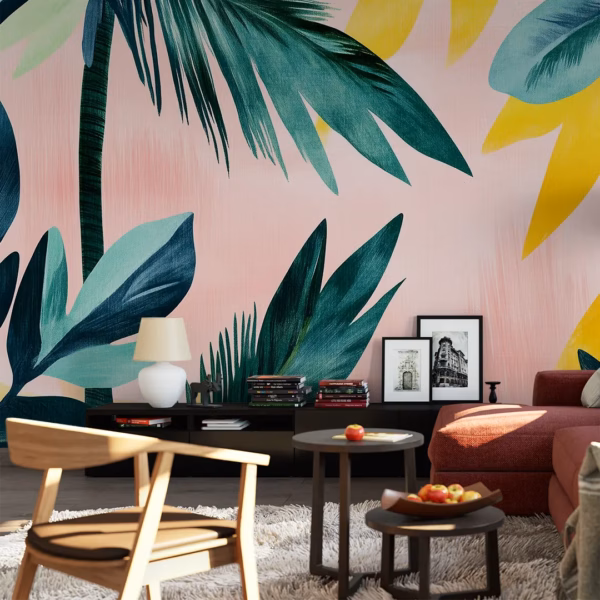 Bold tropical green palm leaves on pink and yellow feature wall mural in modern living room.