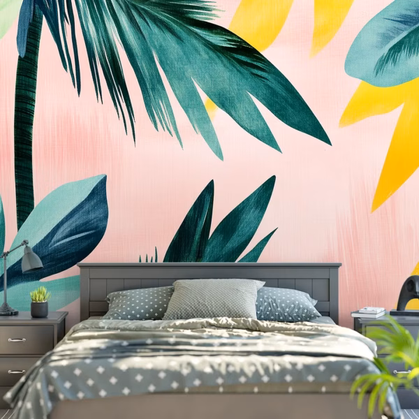Large-scale tropical leaf wallpaper mural with emerald foliage and pastel sunset tones.