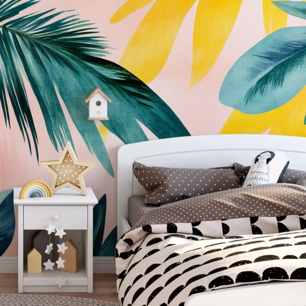 Tropical palm leaf wallpaper mural with green leaves on blush pink and yellow sunset background.